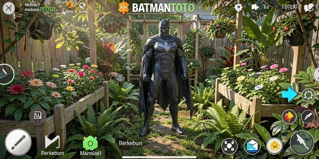 Screenshot gameplay dari BATMANTOTO yang menunjukkan kebun yang indah.
