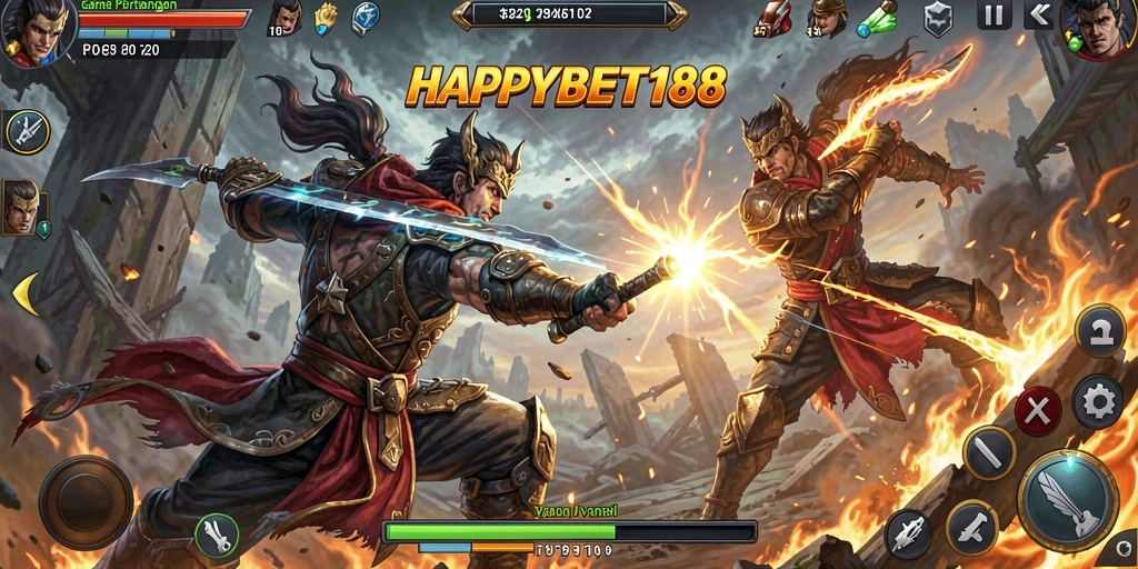 Screenshot permainan <strong>HAPPYBET188</strong> menunjukkan aksi pertarungan yang intens dan mendebarkan.
