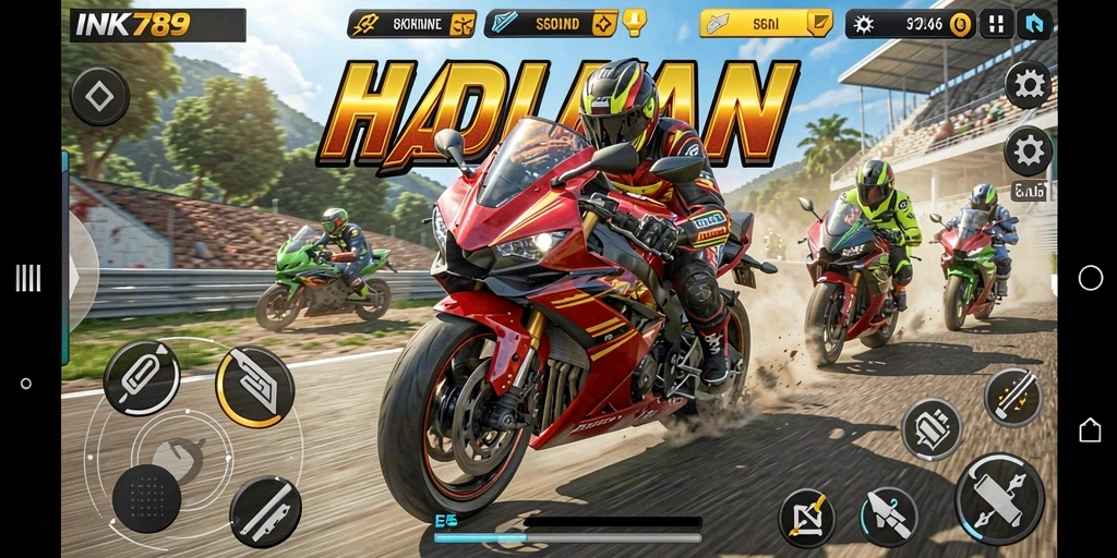 Screenshot gameplay <strong>INK789</strong> menampilkan aksi balapan motor yang seru.