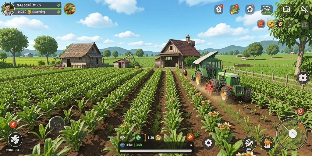 Screenshot gameplay KATSU5 yang menampilkan pertanian yang indah.