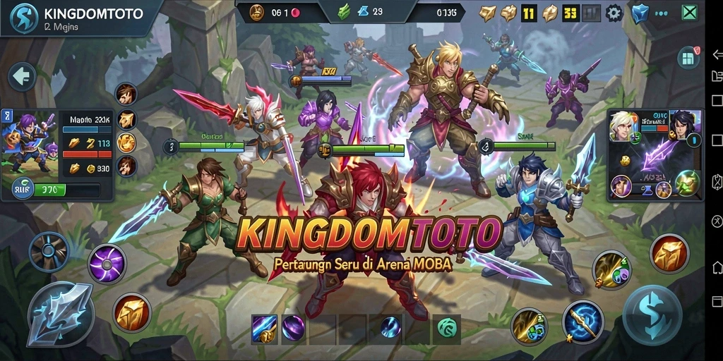 Tampilan seru gameplay <strong>KINGDOMTOTO</strong> dengan pertarungan epik di arena MOBA.