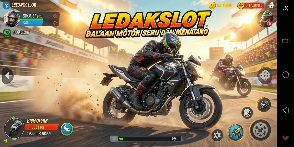Gameplay LEDAKSLOT yang seru dengan balapan motor yang mendebarkan.