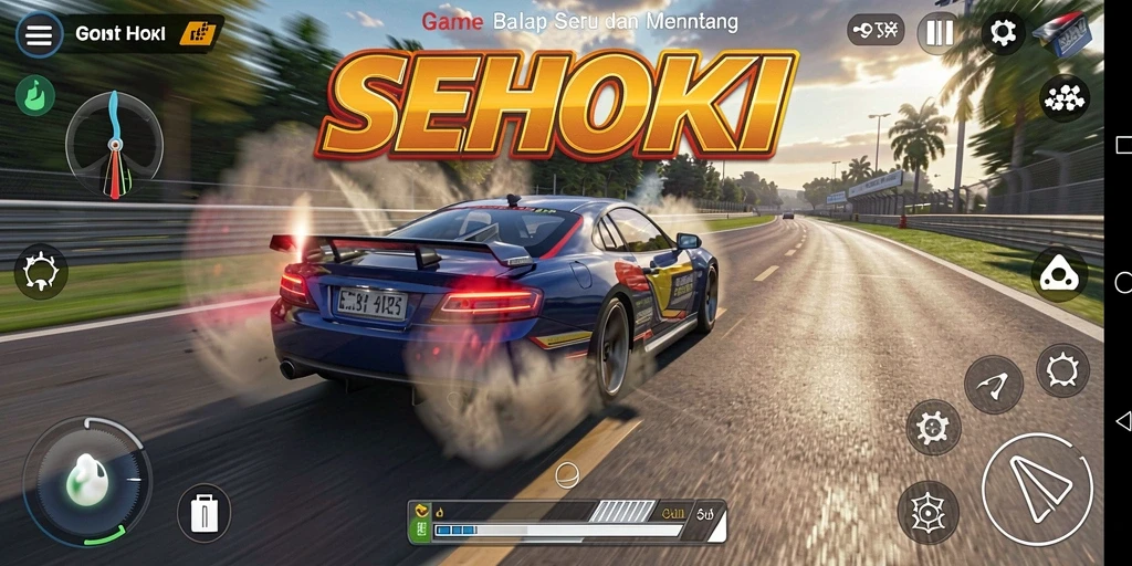 Screenshot gameplay SEHOKI dengan kendaraan balap yang mendebarkan.